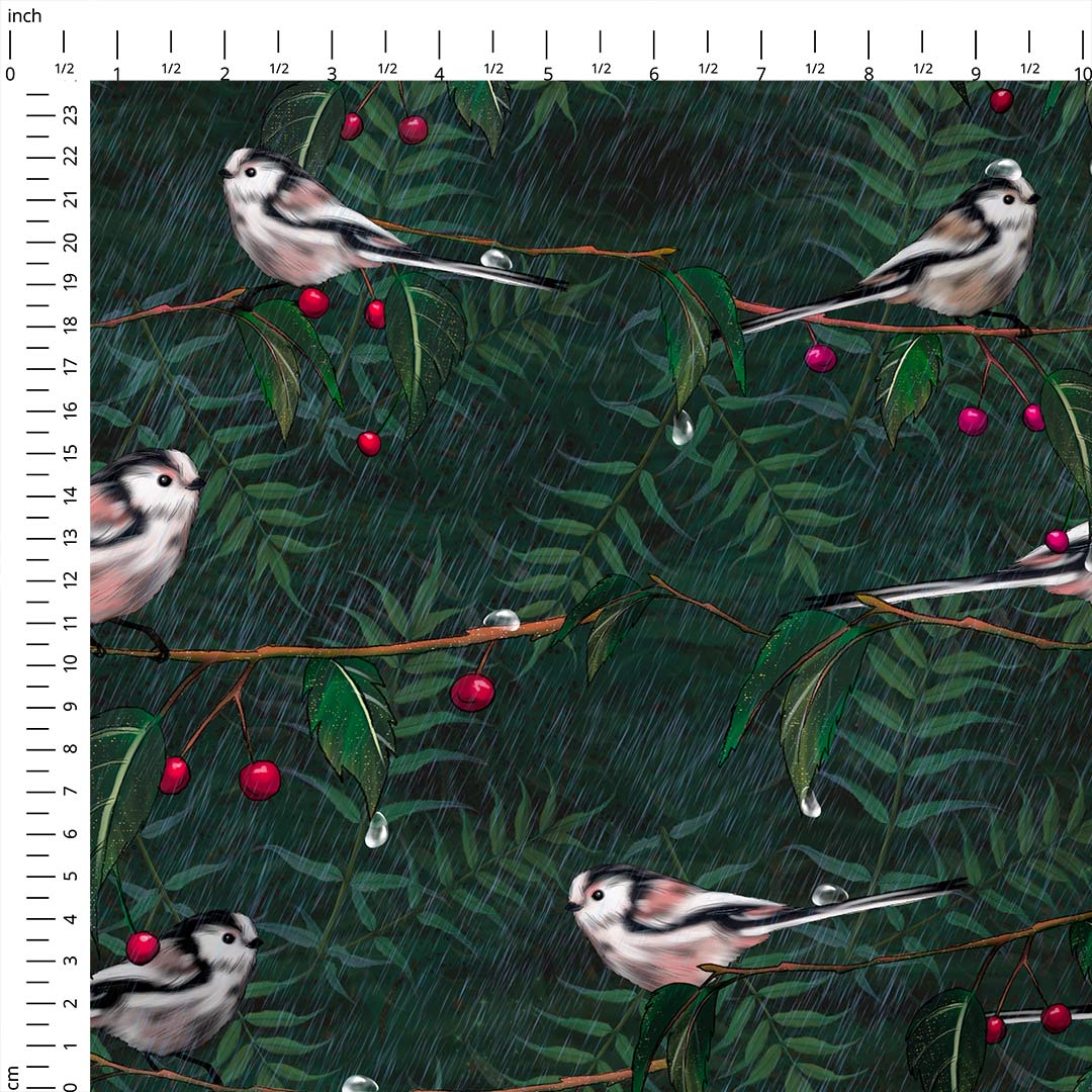 Long Tailed Tit Green Fabric
