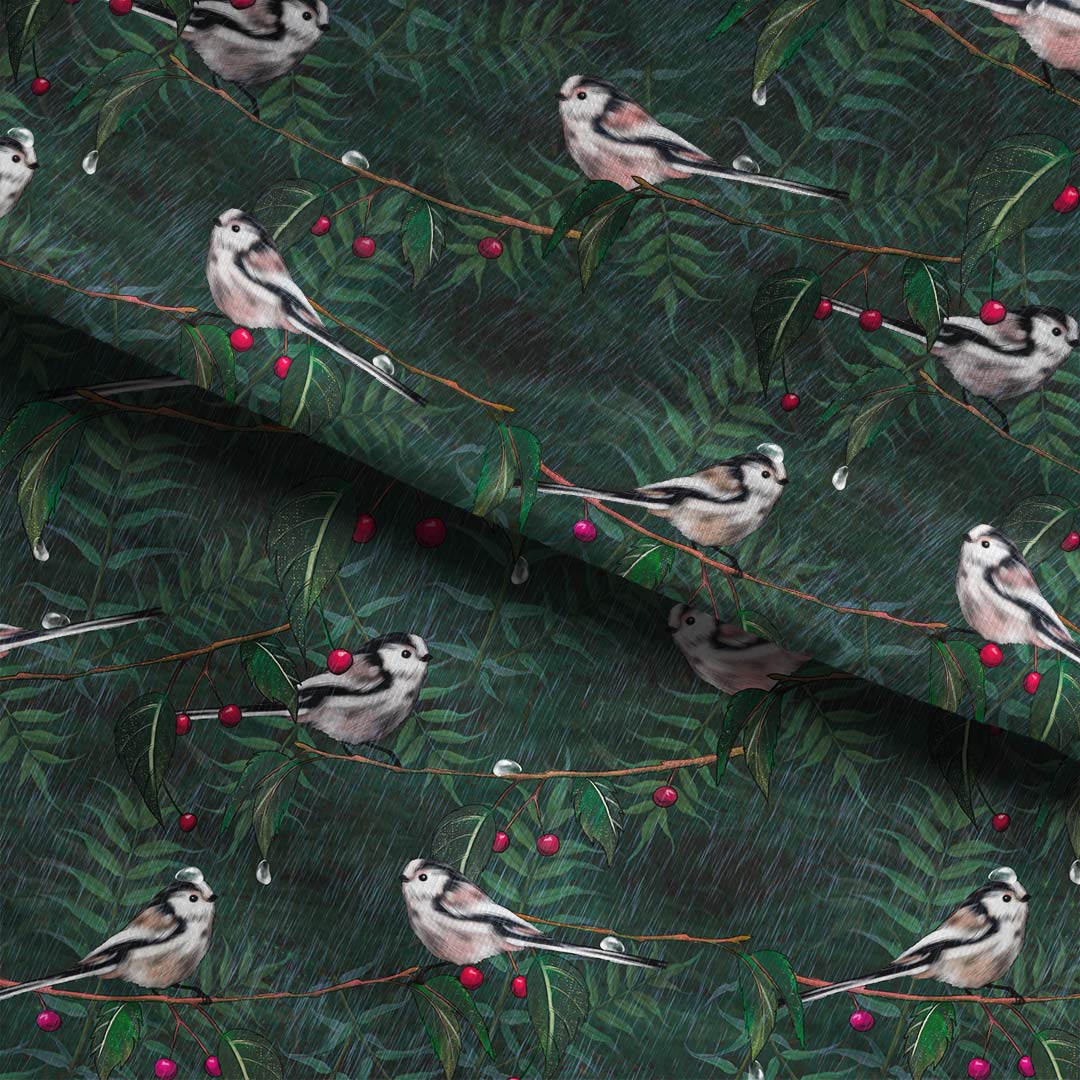 Long Tailed Tit Green Fabric