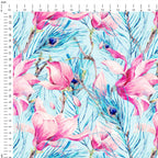 Magnolia and Feathers Blue Fabric