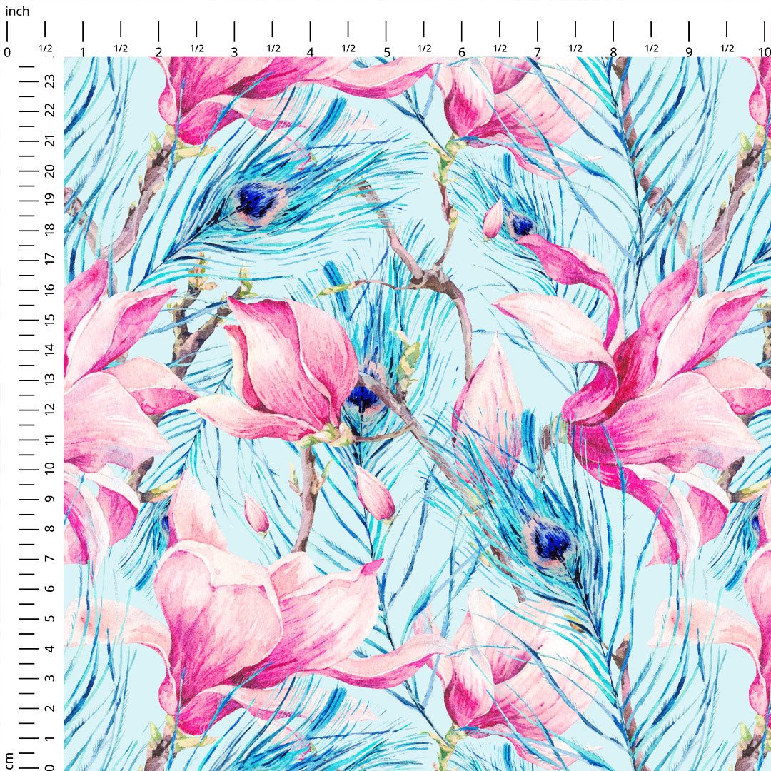 Magnolia and Feathers Blue Fabric