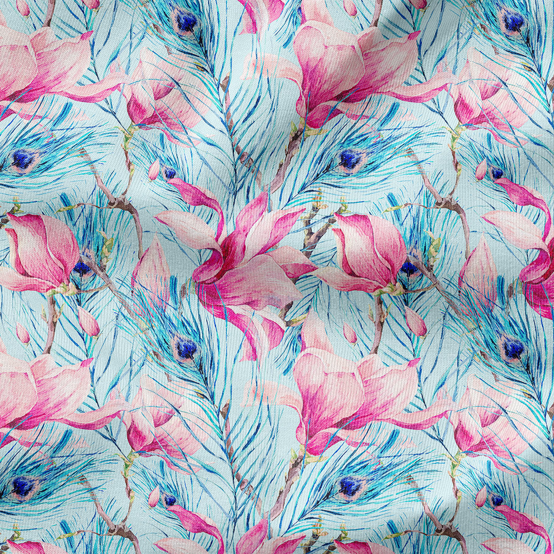 Magnolia and Feathers Blue Fabric
