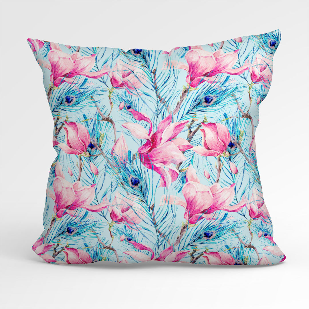 Magnolia and Feathers Blue Fabric