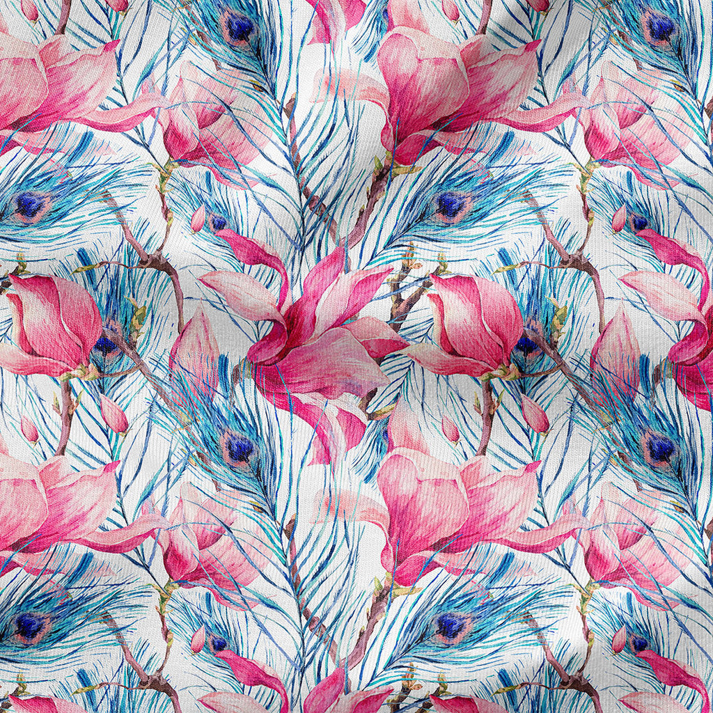 Magnolia and Feathers White Fabric