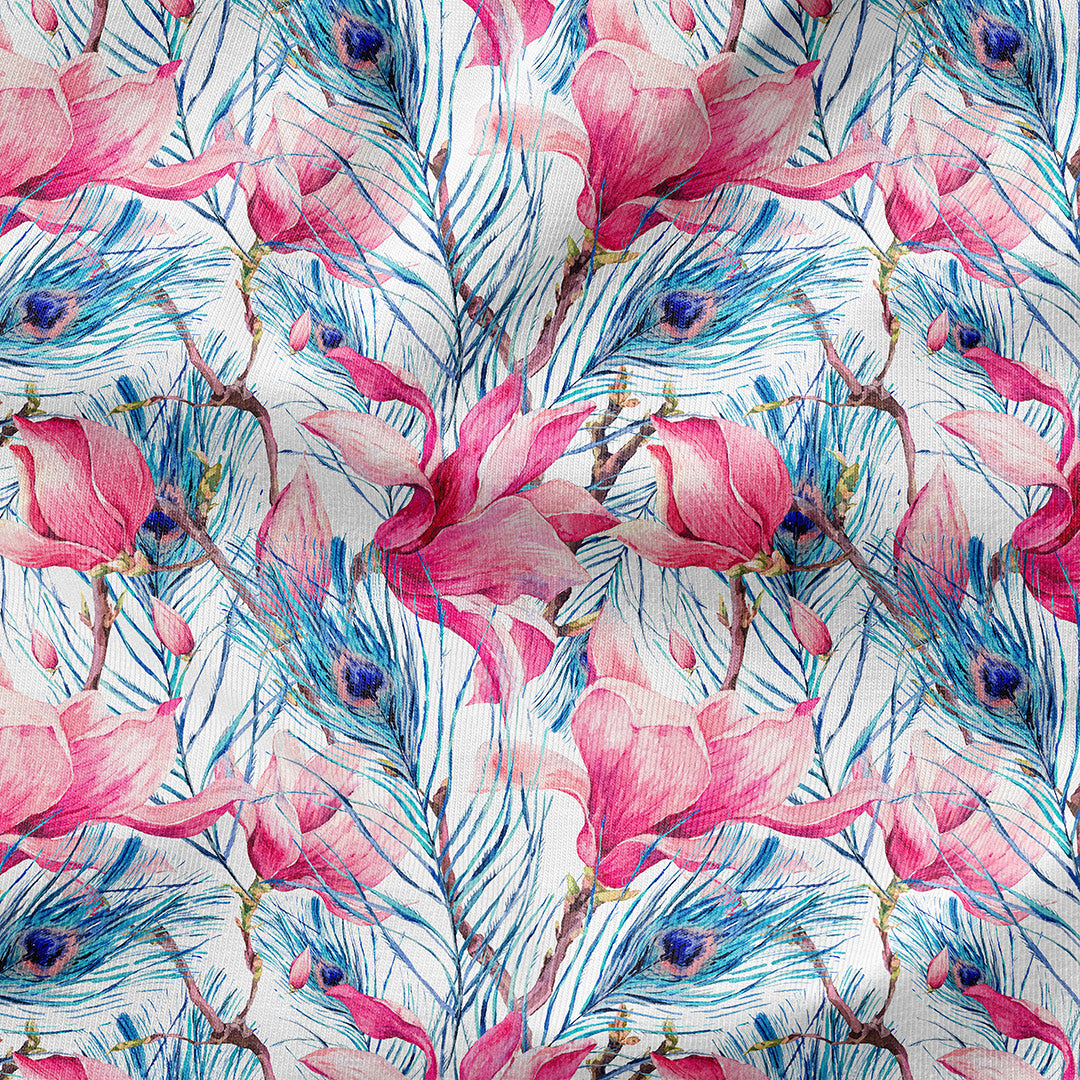 Magnolia and Feathers White Fabric