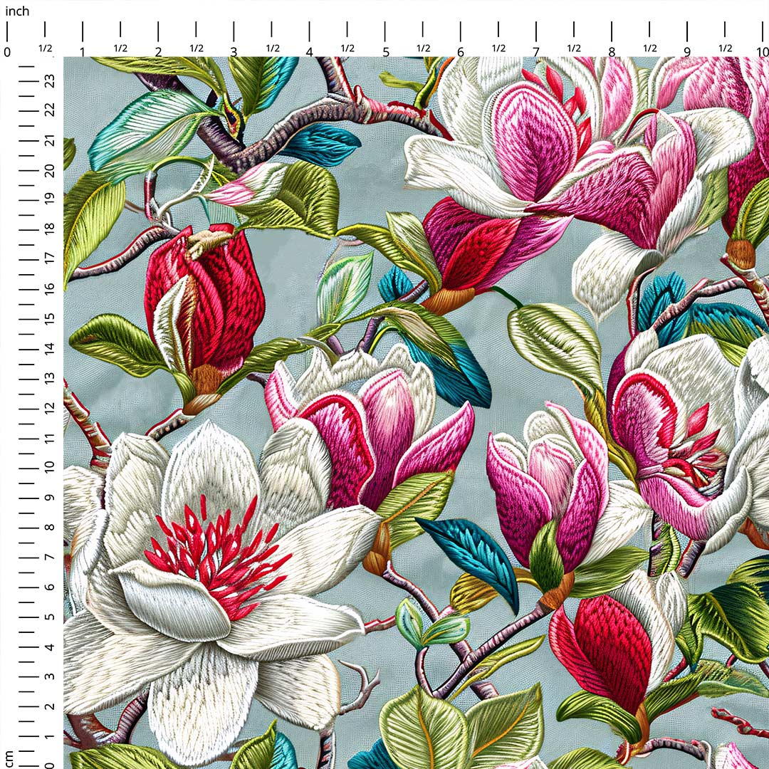 Embroidered Magnolias Grey Fabric