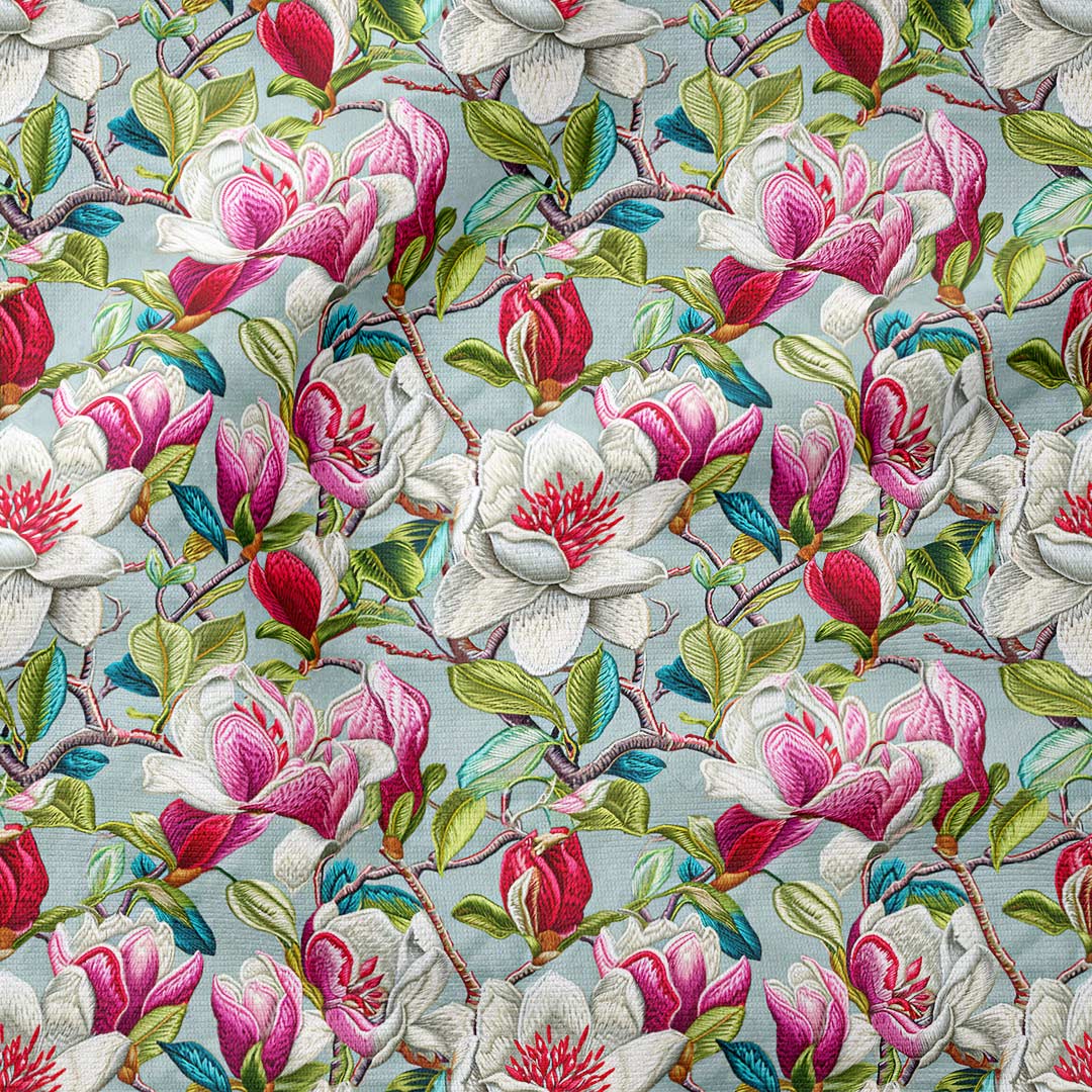 Embroidered Magnolias Grey Fabric