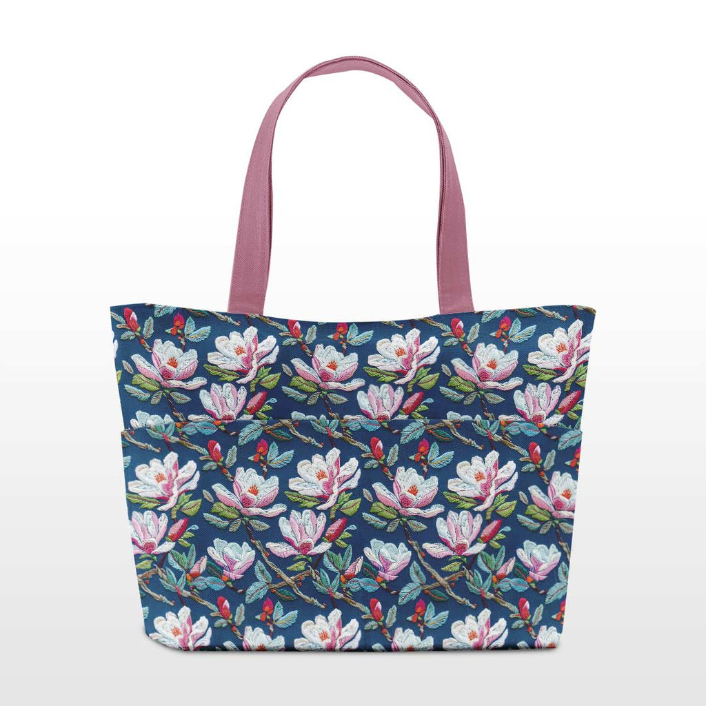 Embroidered Magnolia Navy Fabric