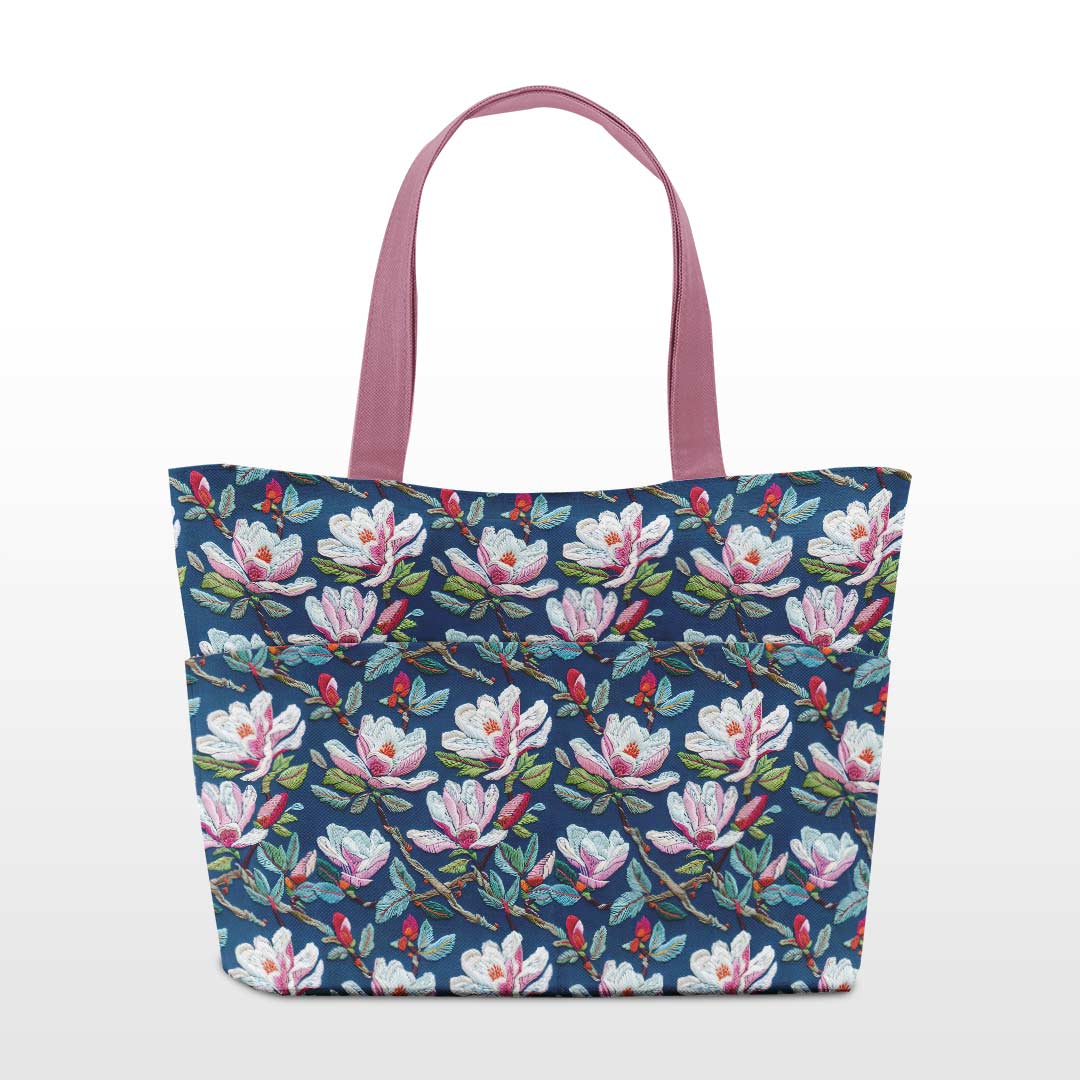 Embroidered Magnolia Navy Fabric