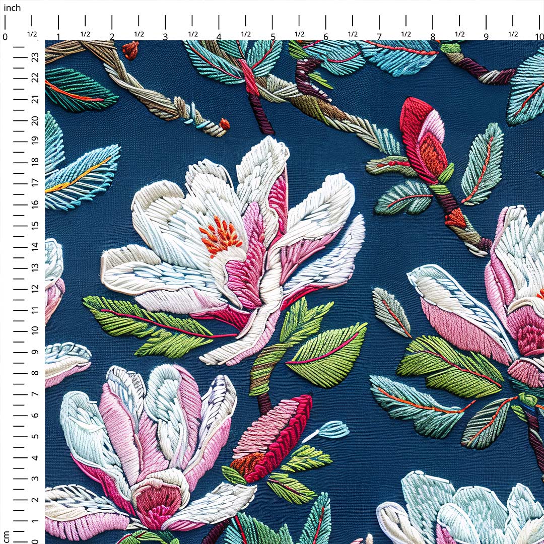 Embroidered Magnolia Navy Fabric