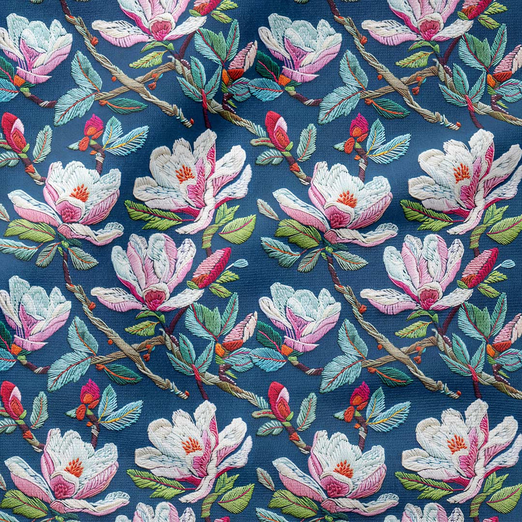 Embroidered Magnolia Navy Fabric