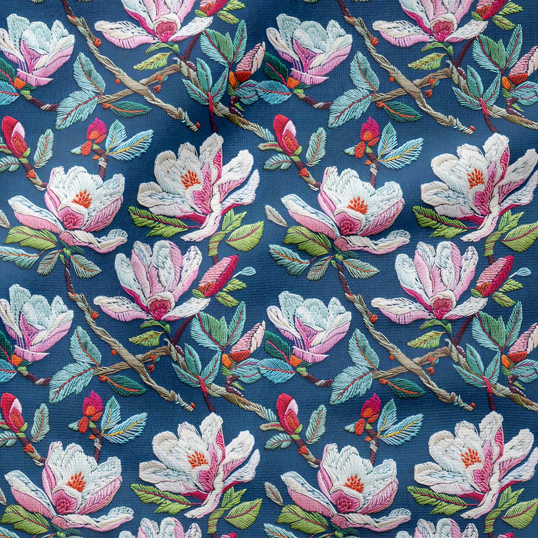 Embroidered Magnolia Navy Fabric