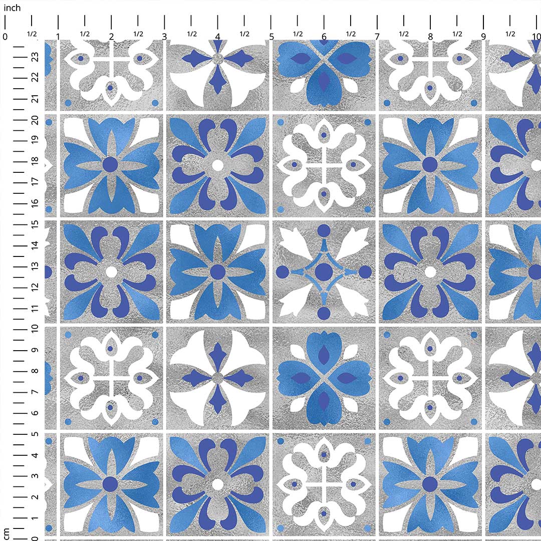 Moroccan Blue and Grey Tiles Fabric