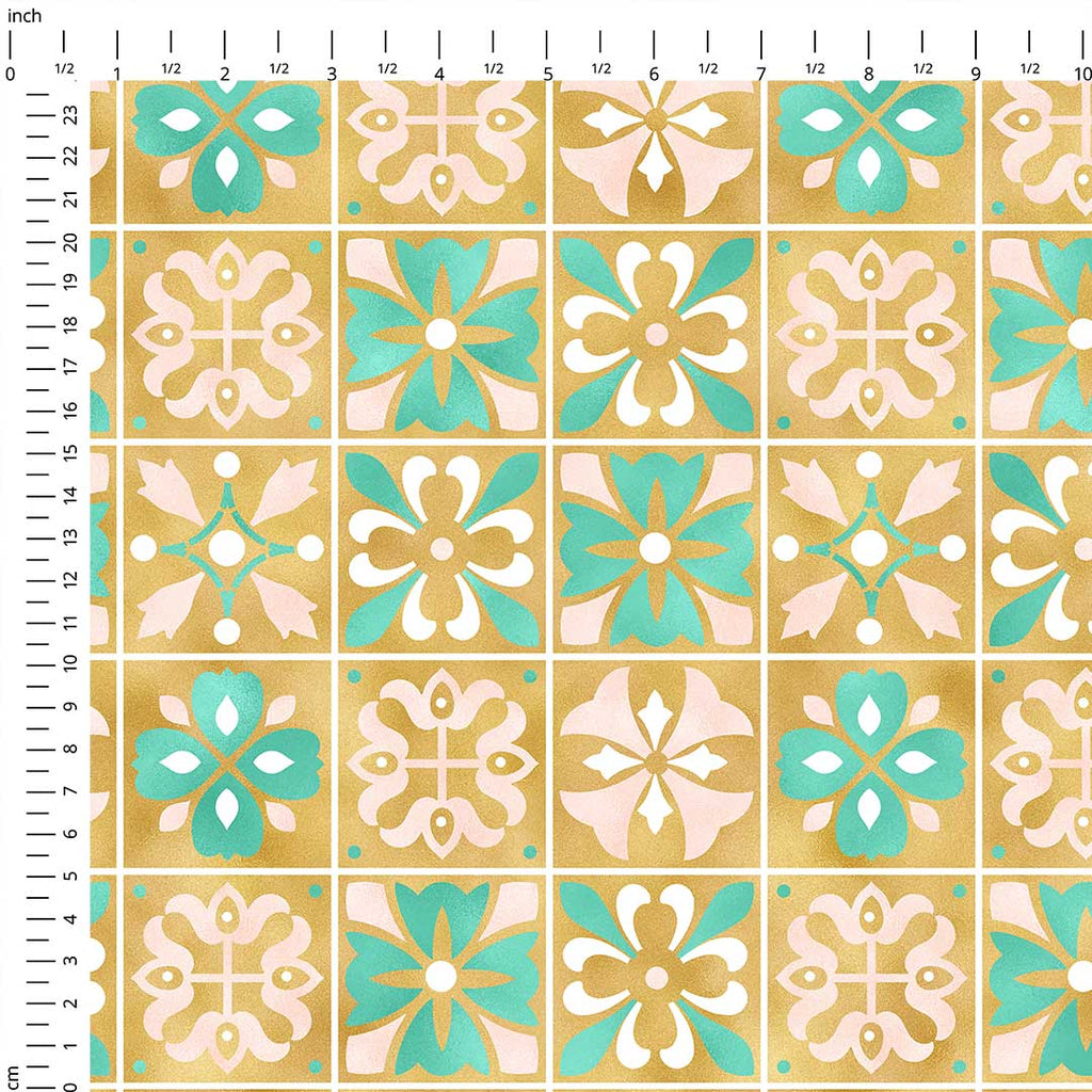 Moroccan Gold and Mint Tiles Fabric