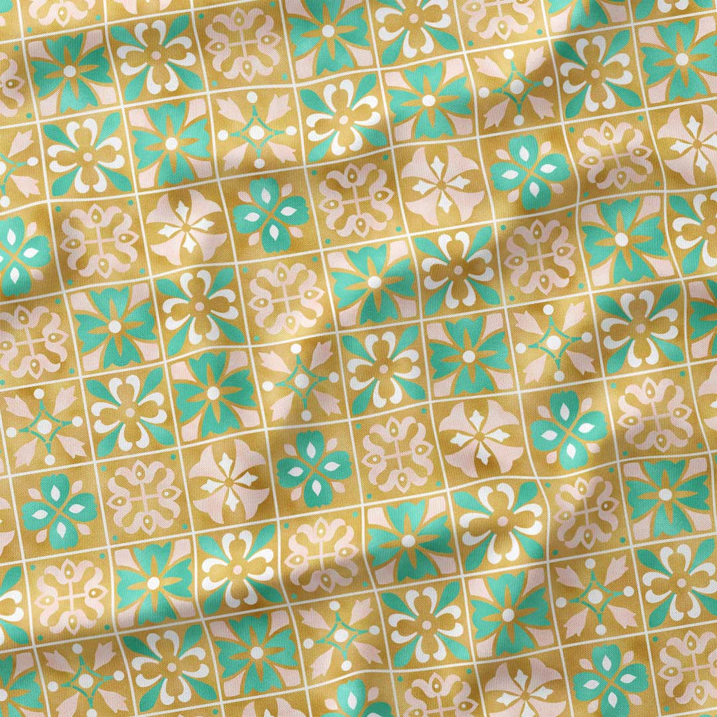 Moroccan Gold and Mint Tiles Fabric