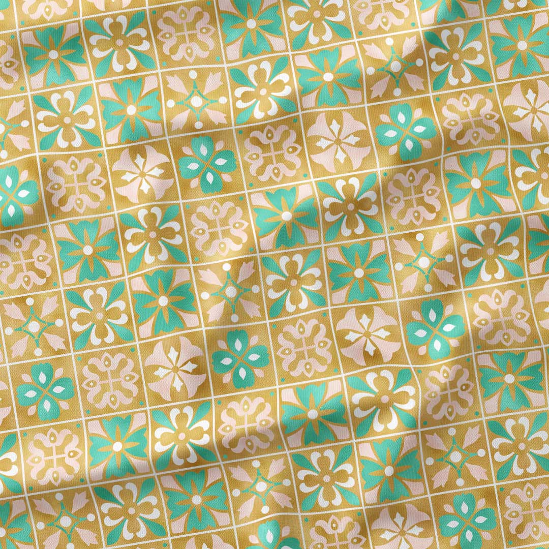 Moroccan Gold and Mint Tiles Fabric