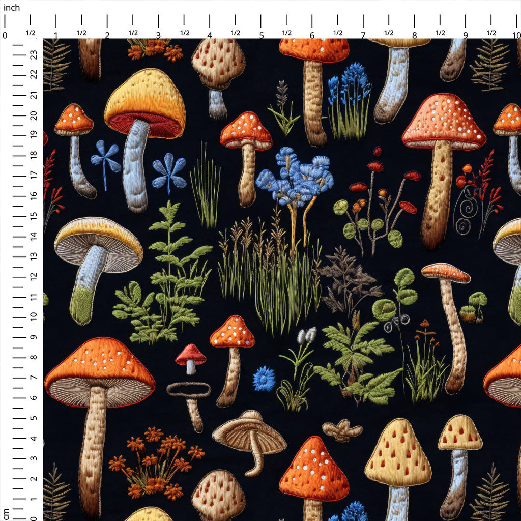 Mushrooms Black Embroidery Fabric