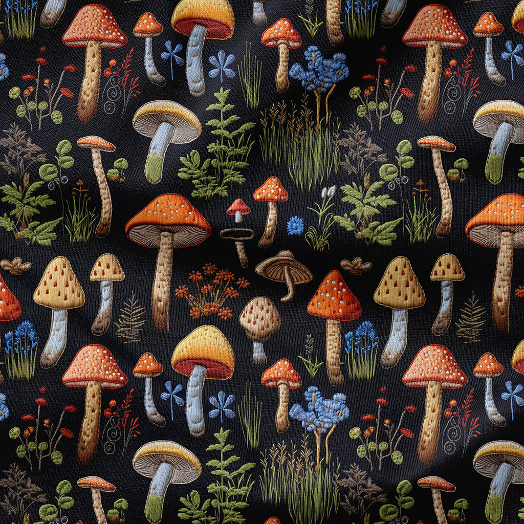 Mushrooms Black Embroidery Fabric