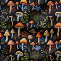Mushrooms Black Embroidery Fabric