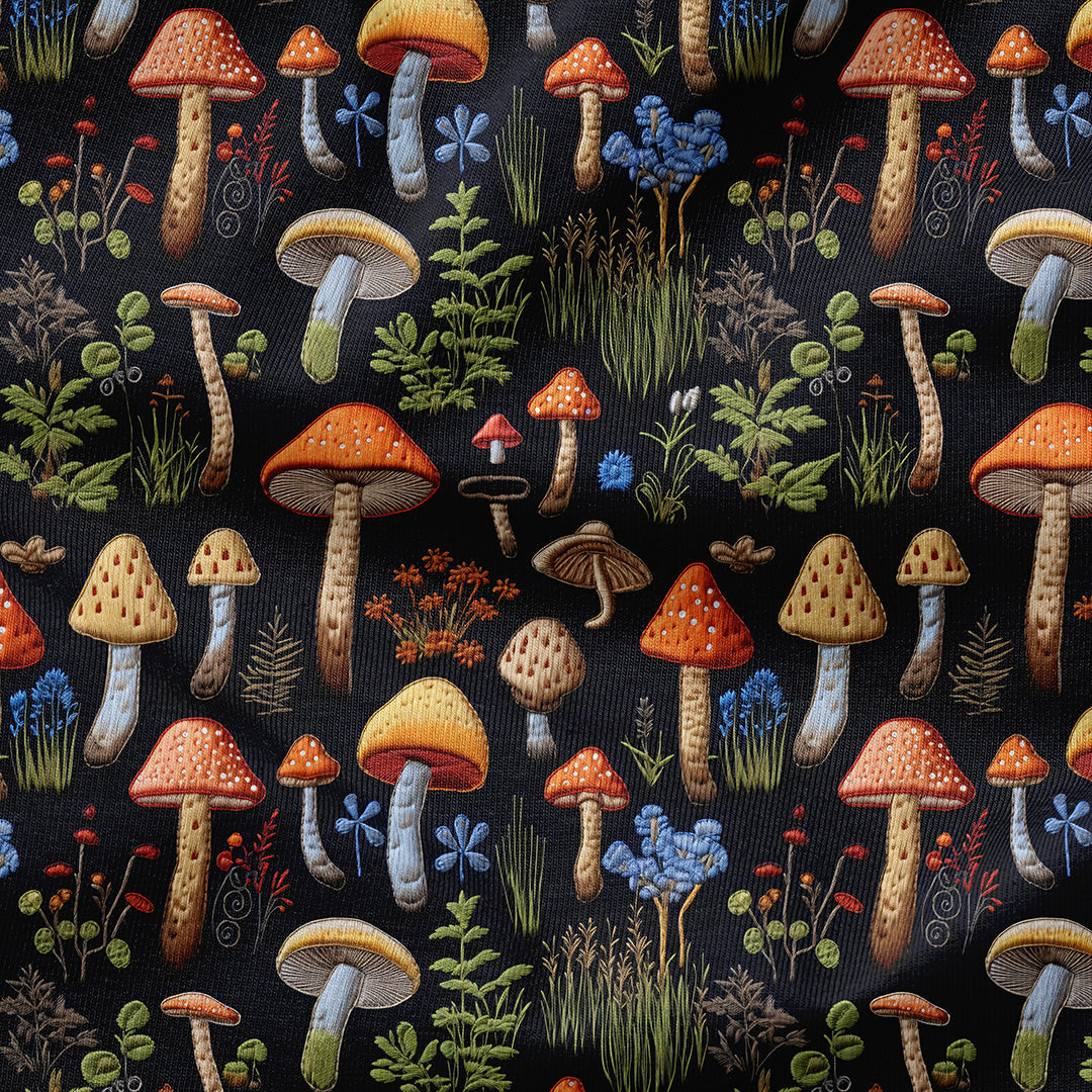 Mushrooms Black Embroidery Fabric