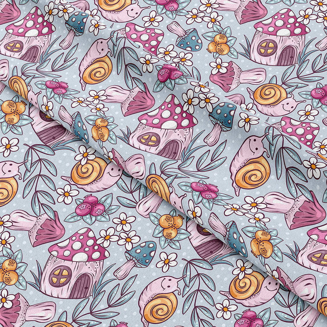 Mushrooms Spotty Blue Fabric