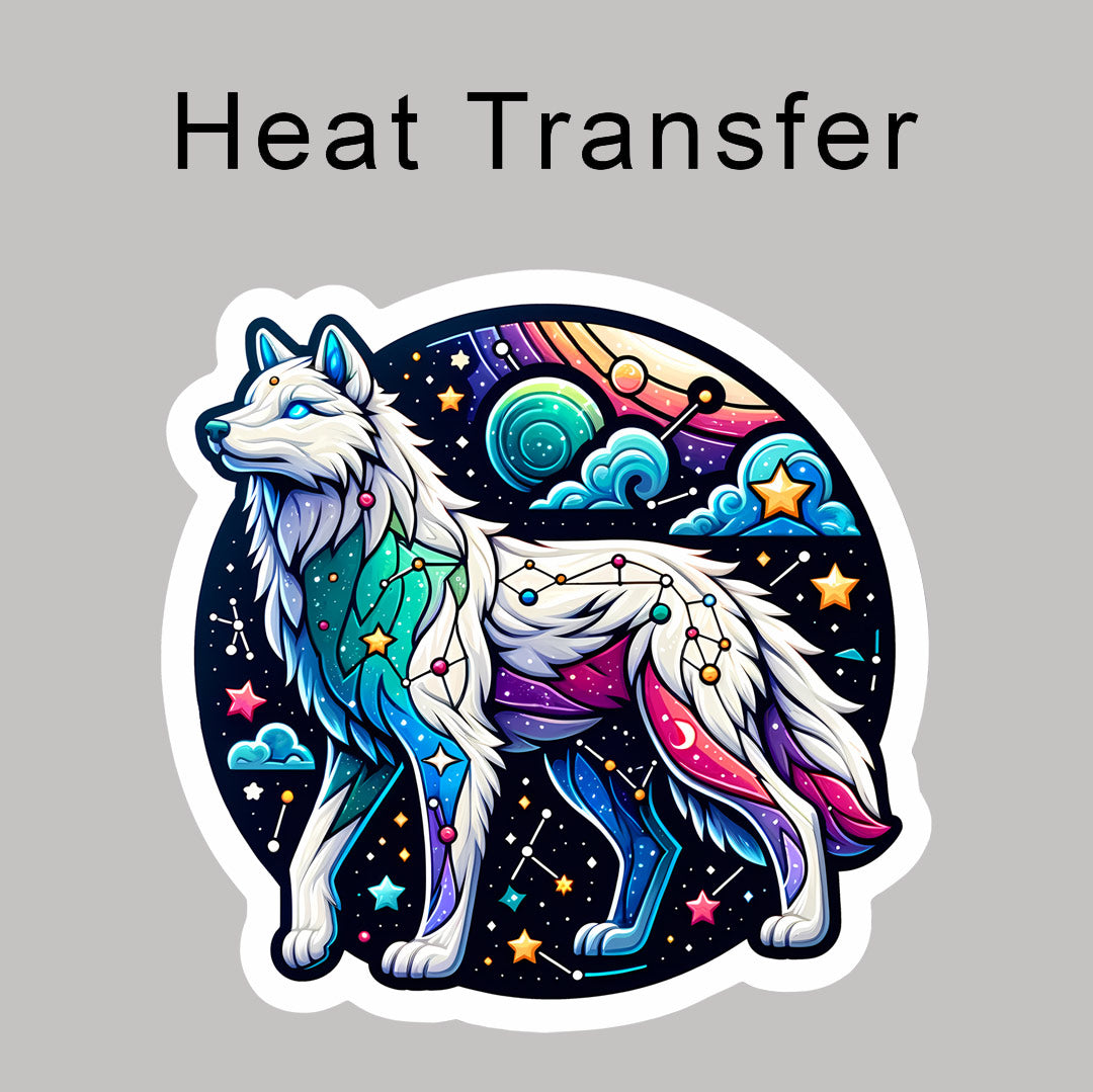Mystical Stars Wolf White Outlines Iron on Fabric Heat Transfer DTF-132