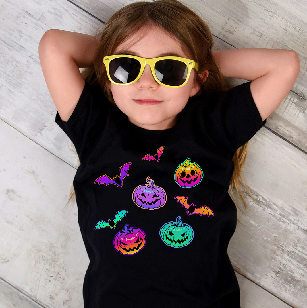 Small Neon Pumpkins and Bats, Set of 10 Iron on Fabric Heat Transfer DTF-72