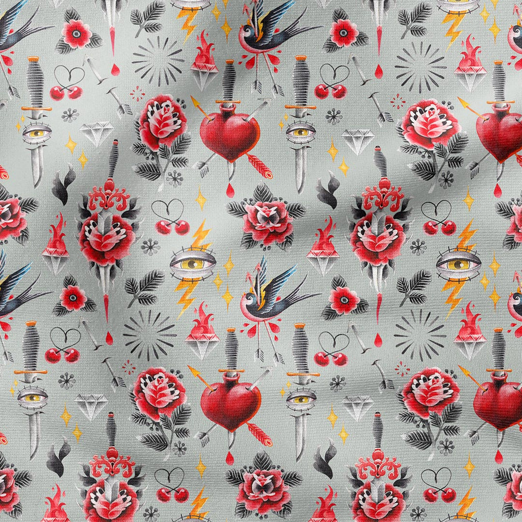 Old School Tattoo Grey Fabric