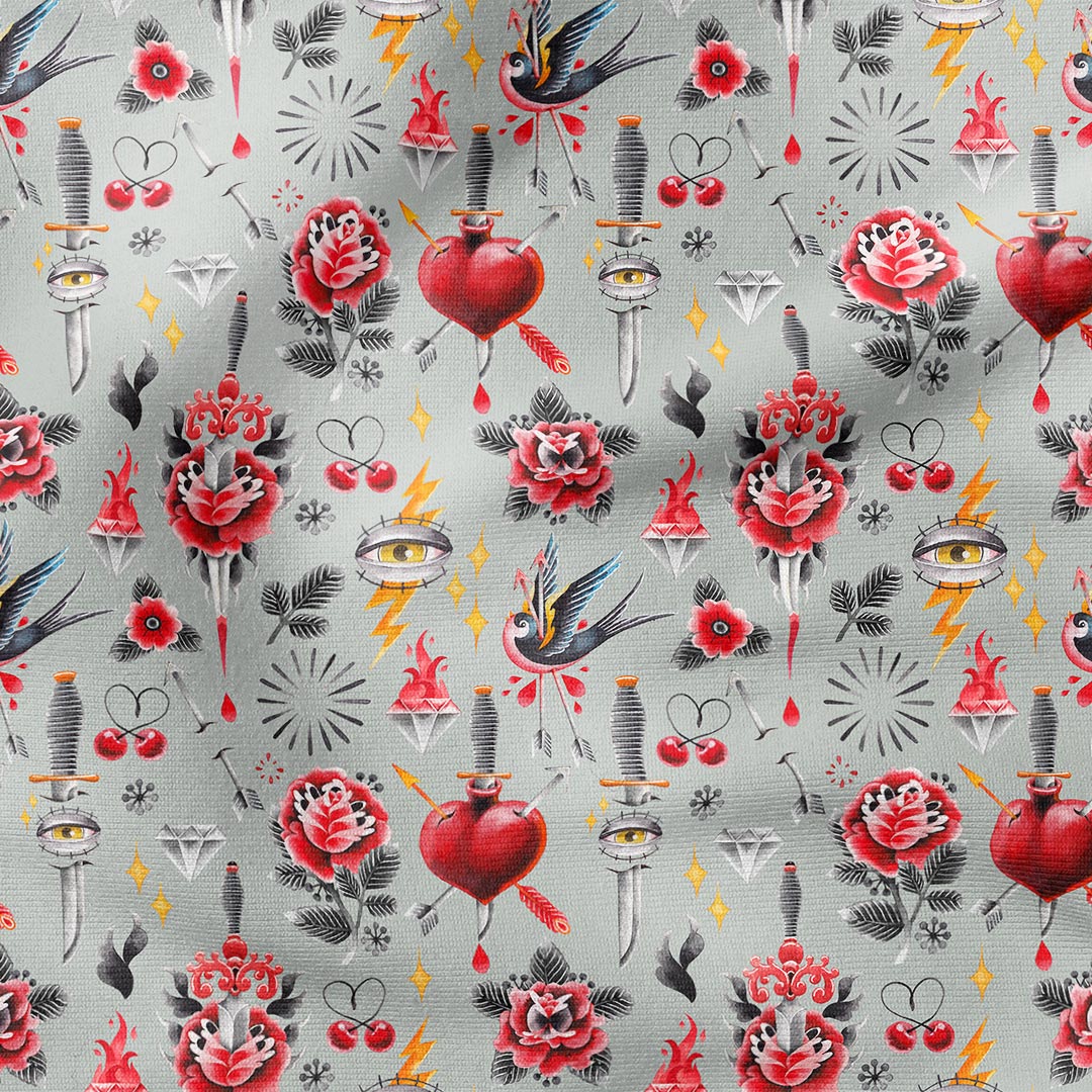 Old School Tattoo Grey Fabric