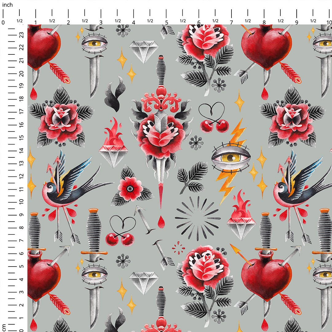 Old School Tattoo Grey Fabric