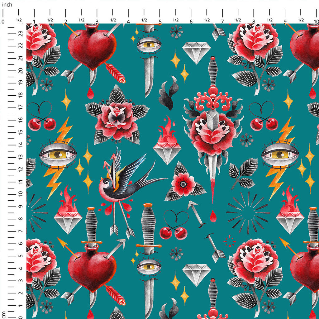 Old School Tattoo Teal Fabric