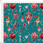 Old School Tattoo Teal Fabric