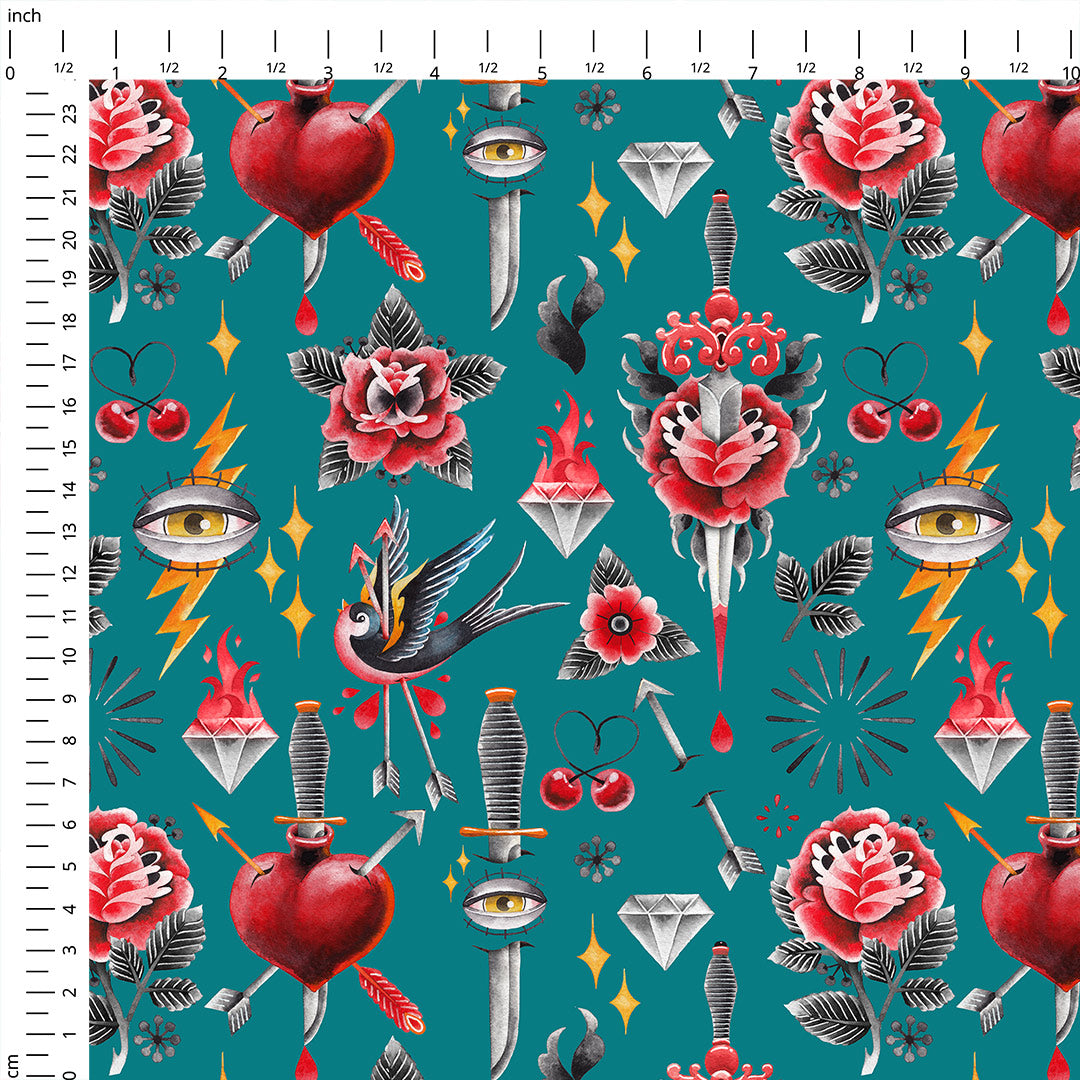 Old School Tattoo Teal Fabric