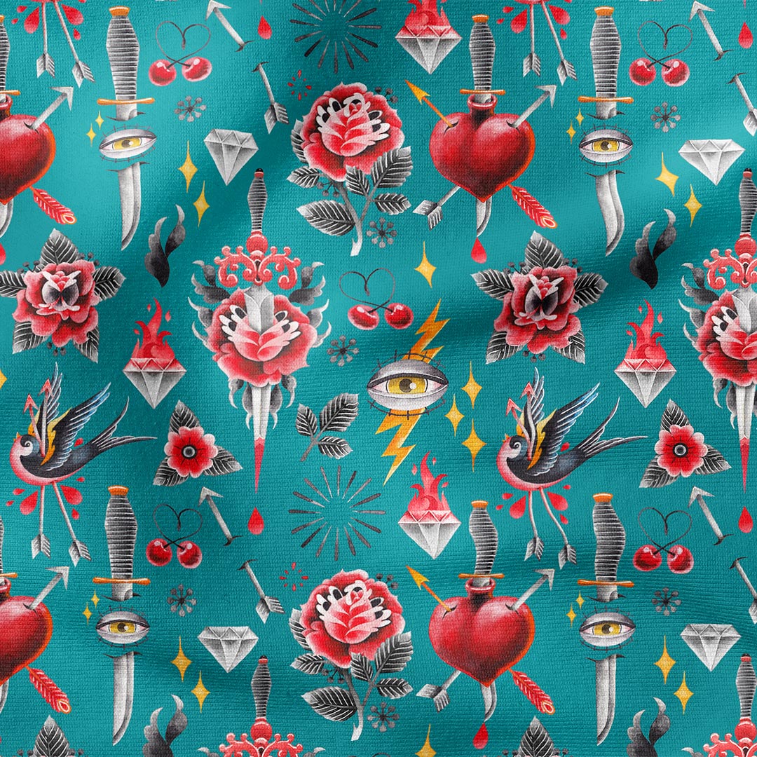 Old School Tattoo Teal Fabric