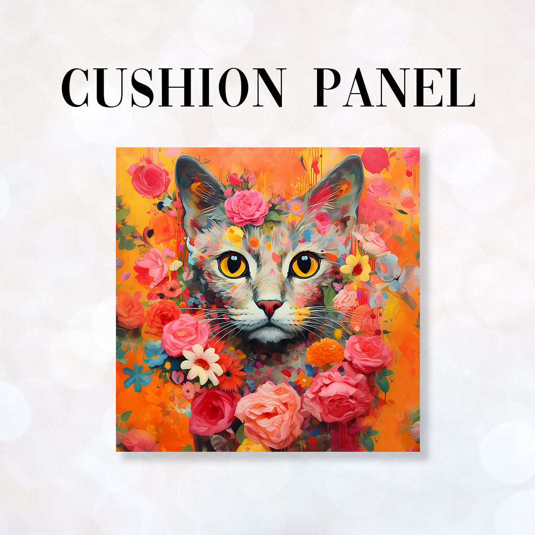 CUSHION Fabric Panel Orange Floral Cat