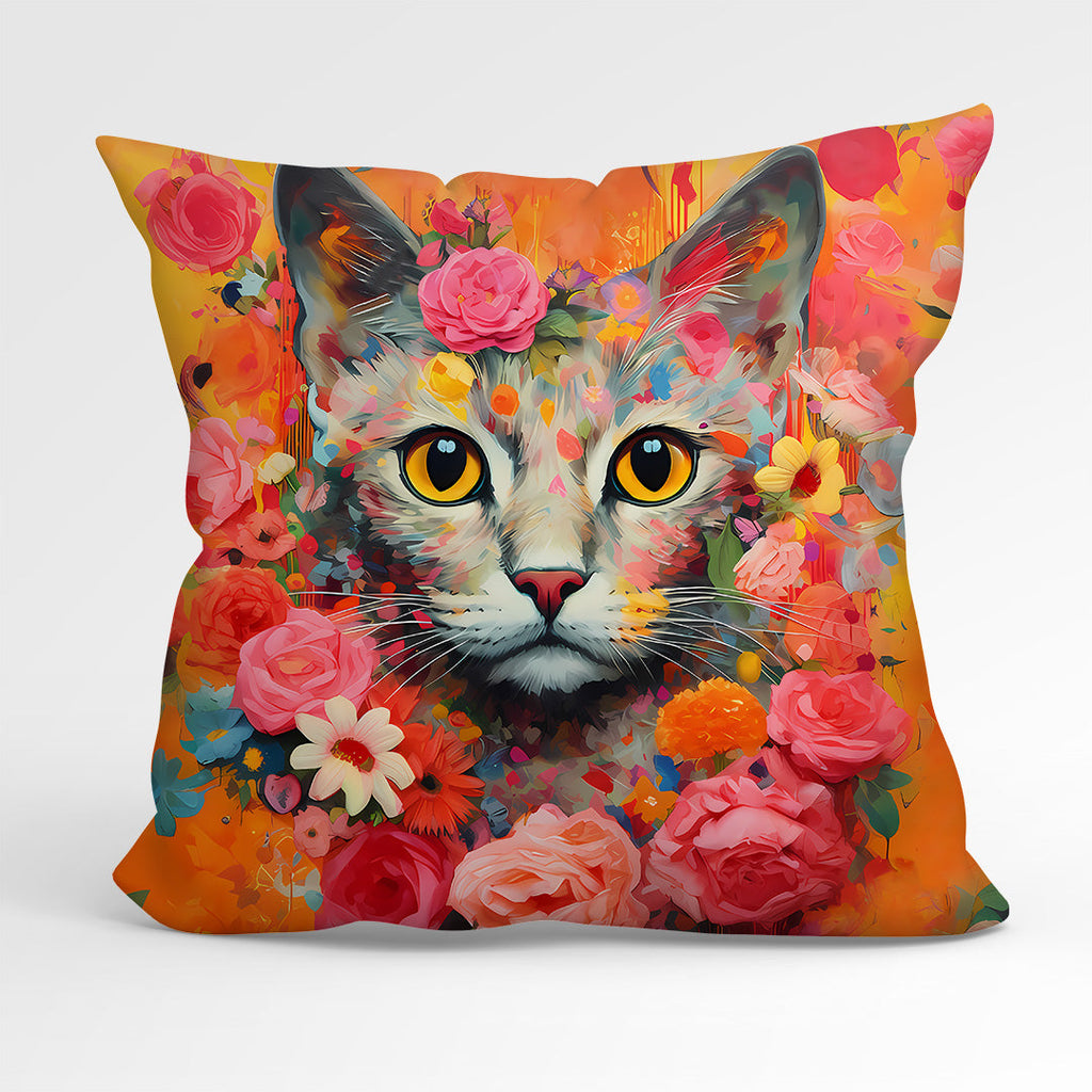 CUSHION Fabric Panel Orange Floral Cat