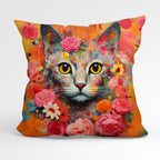 CUSHION Fabric Panel Orange Floral Cat