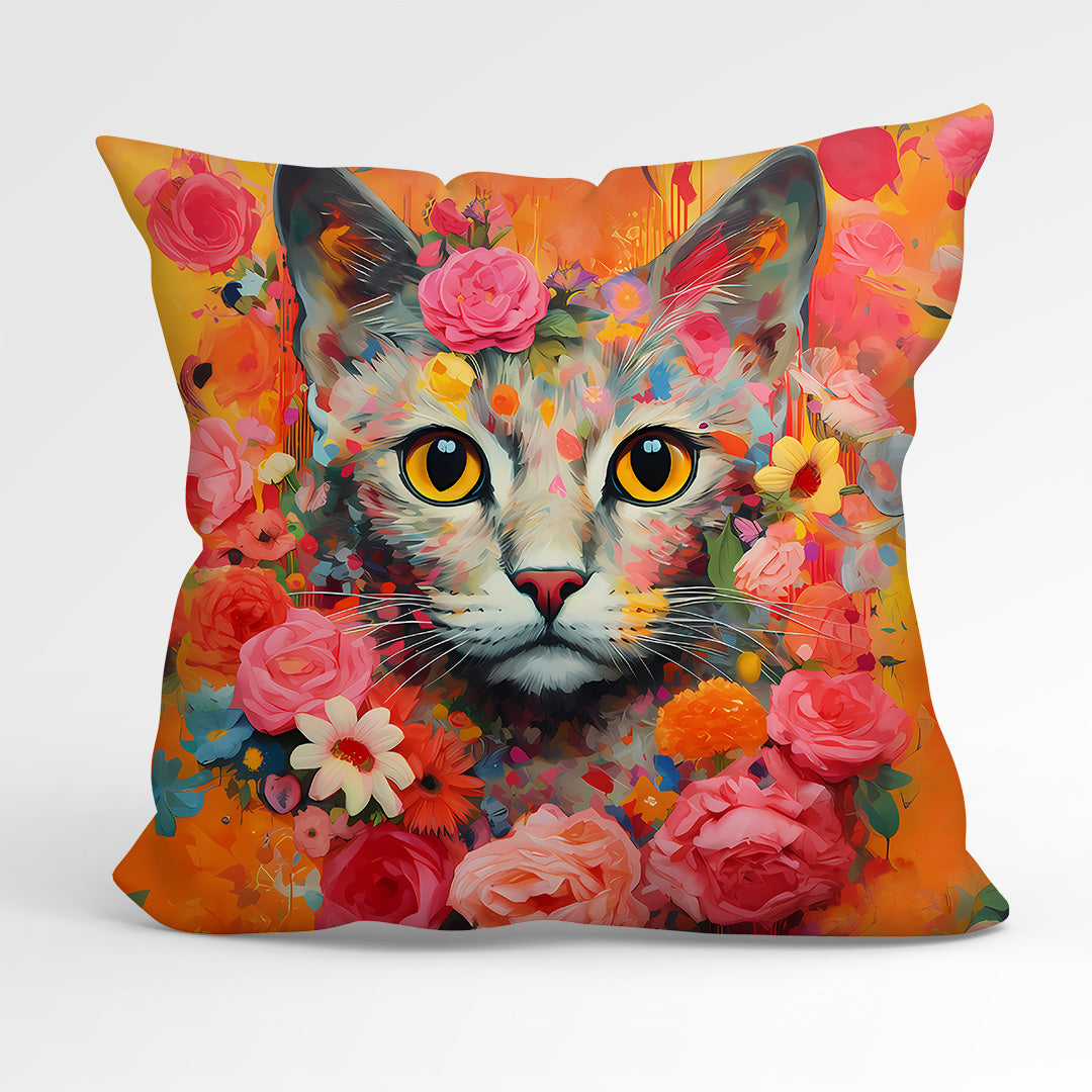 CUSHION Fabric Panel Orange Floral Cat