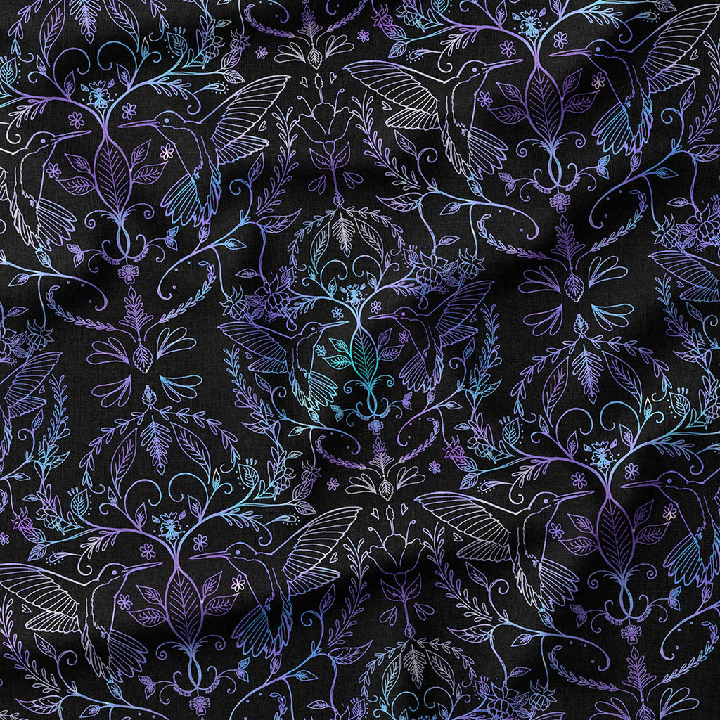 Hummingbirds Lace Black & Blue Fabric
