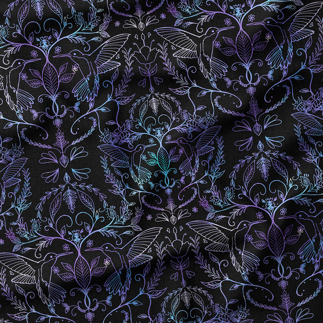 Hummingbirds Lace Black & Blue Fabric