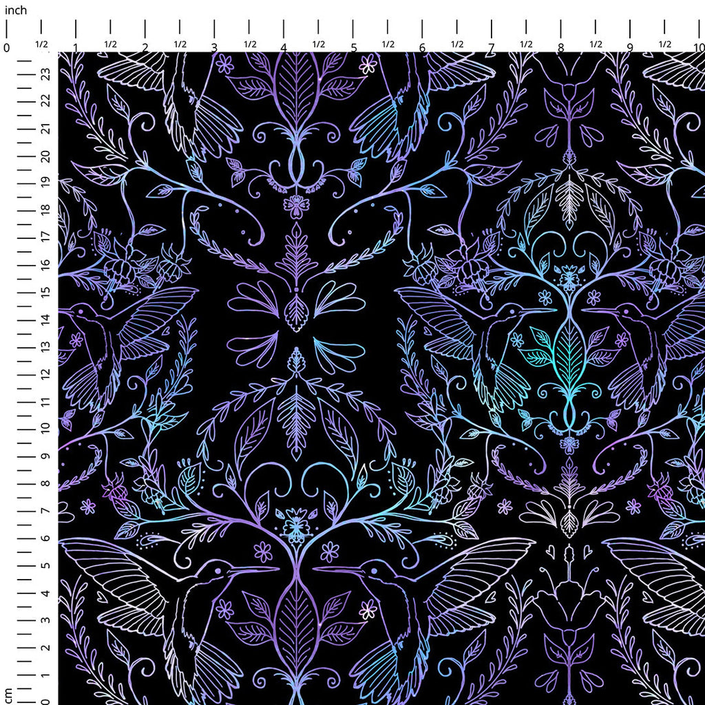 Hummingbirds Lace Black & Blue Fabric
