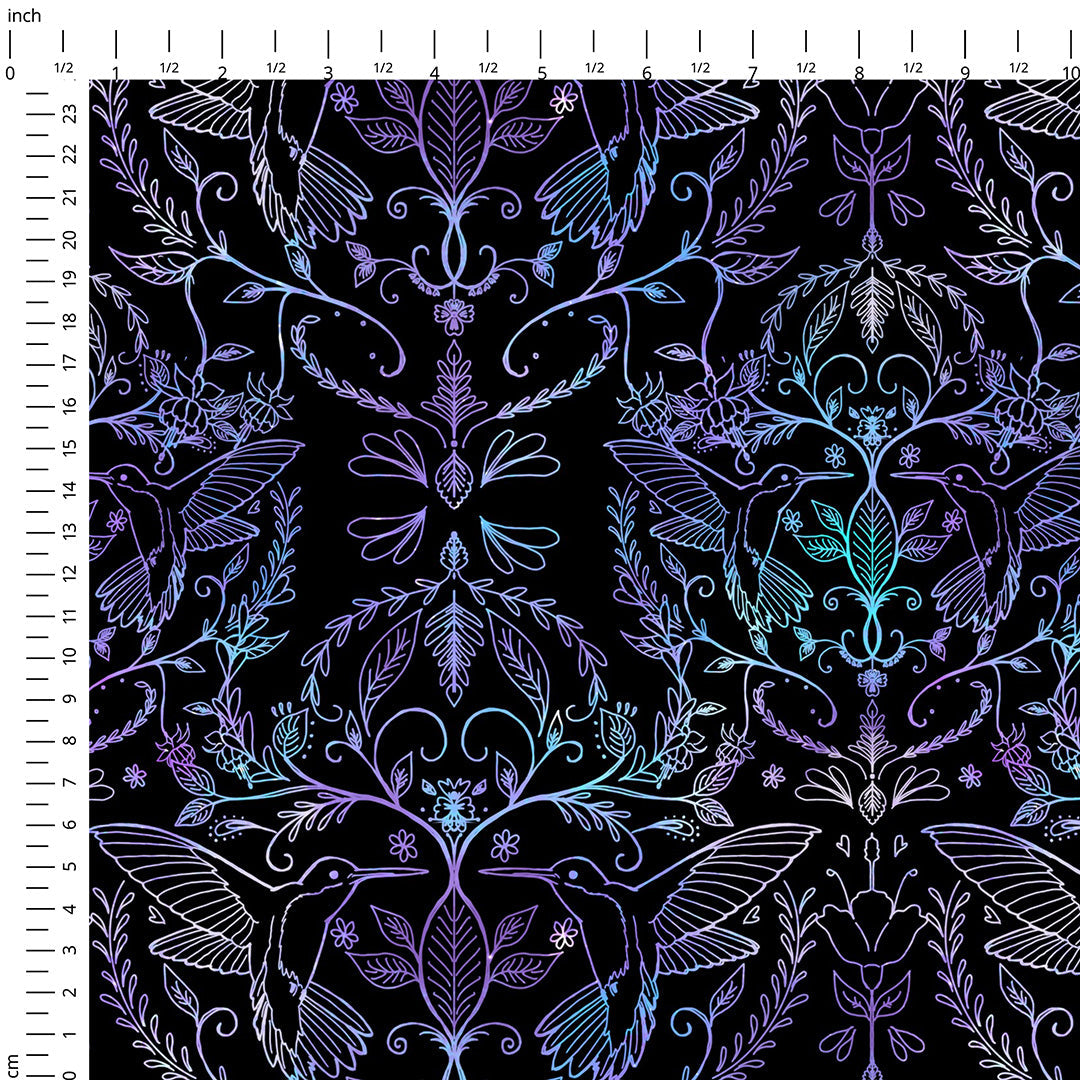 Hummingbirds Lace Black & Blue Fabric