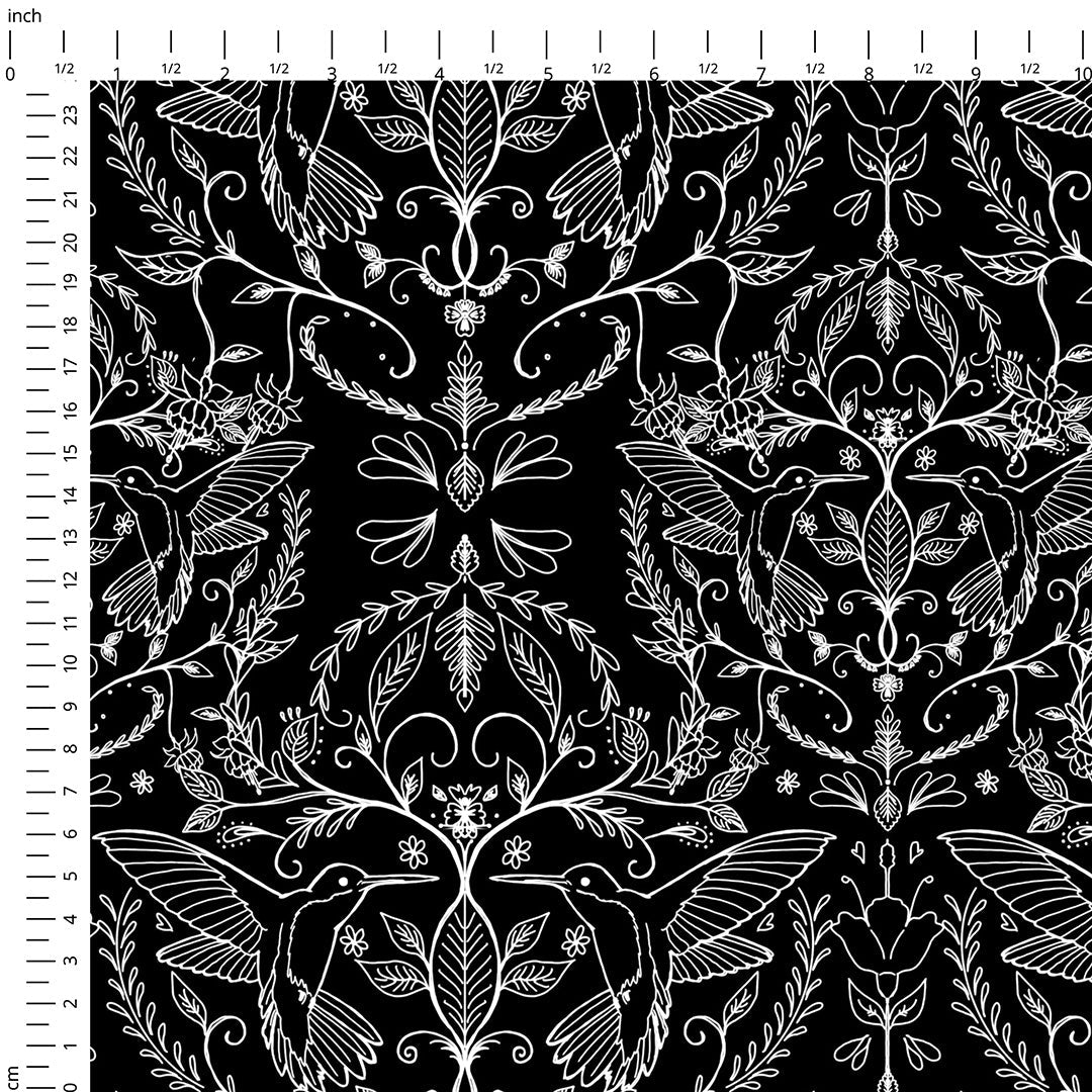 Hummingbirds Lace Black & White Fabric