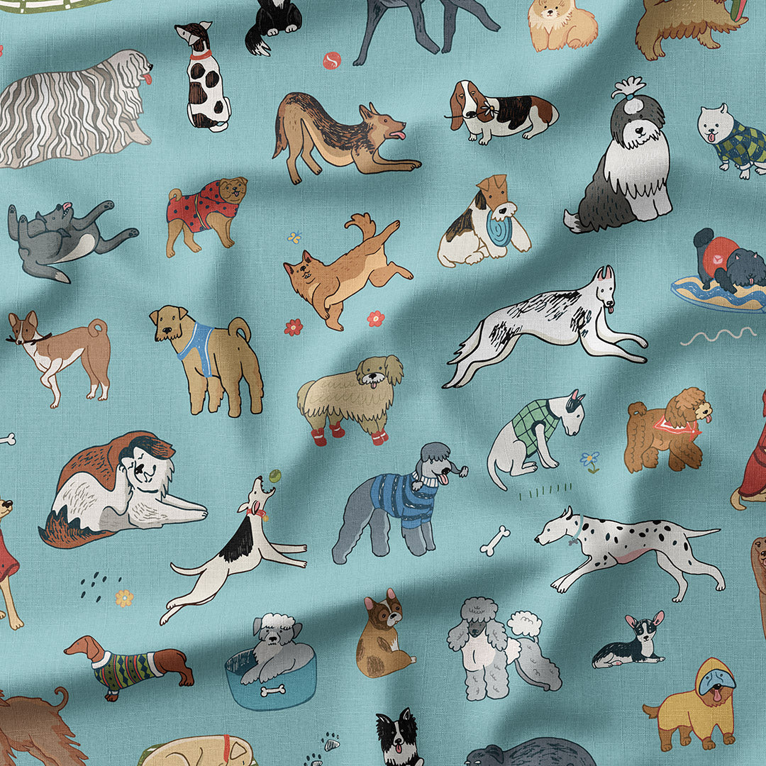 Dogs On Blue Fabric