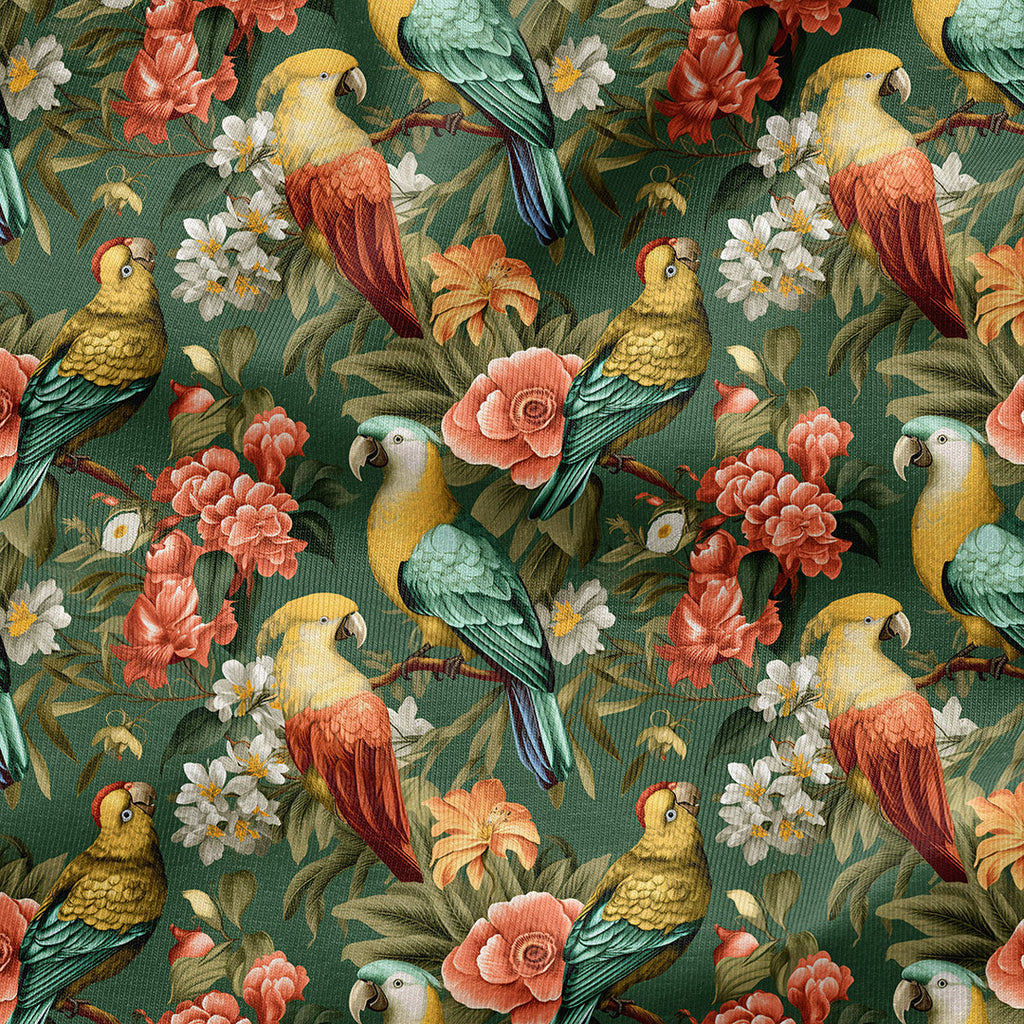 Parrots On Green Fabric