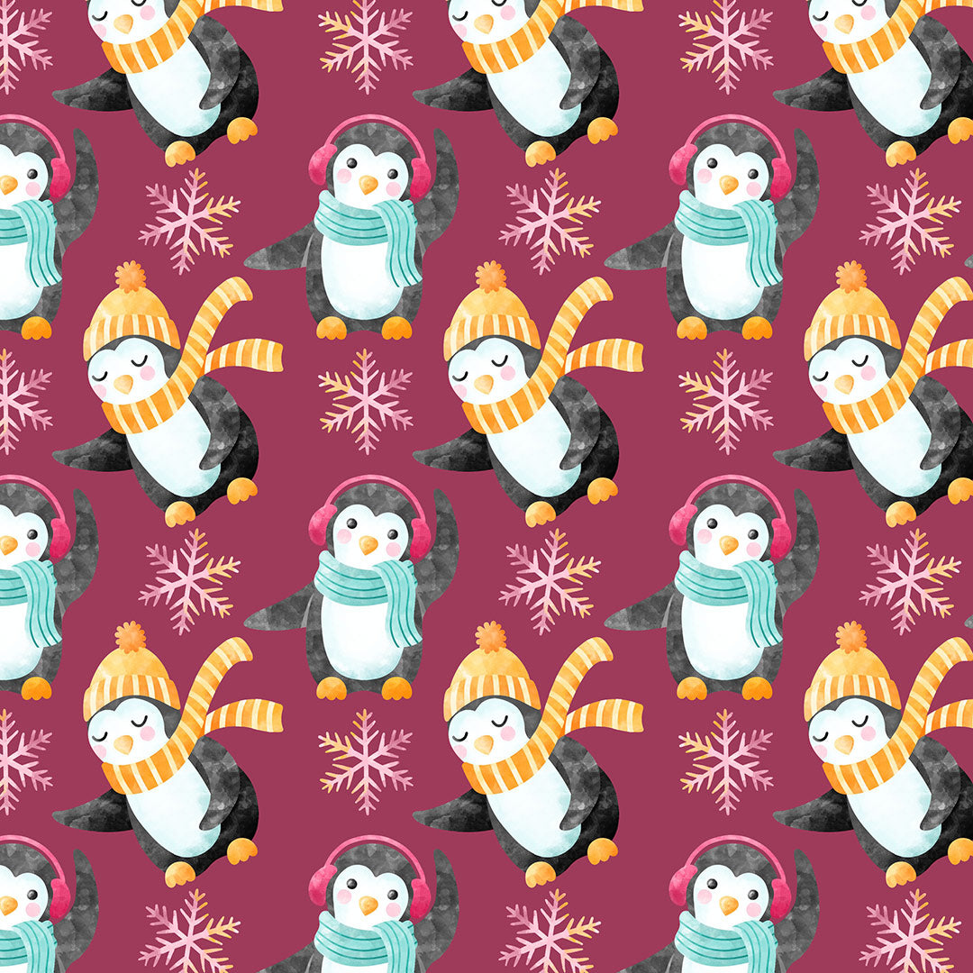 Penguins Plum Fabric