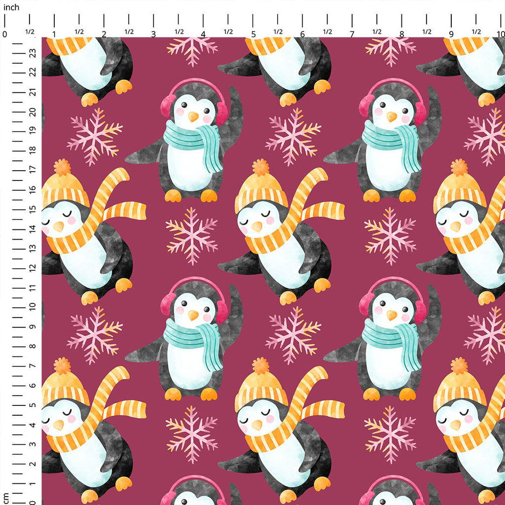 Penguins Plum Fabric