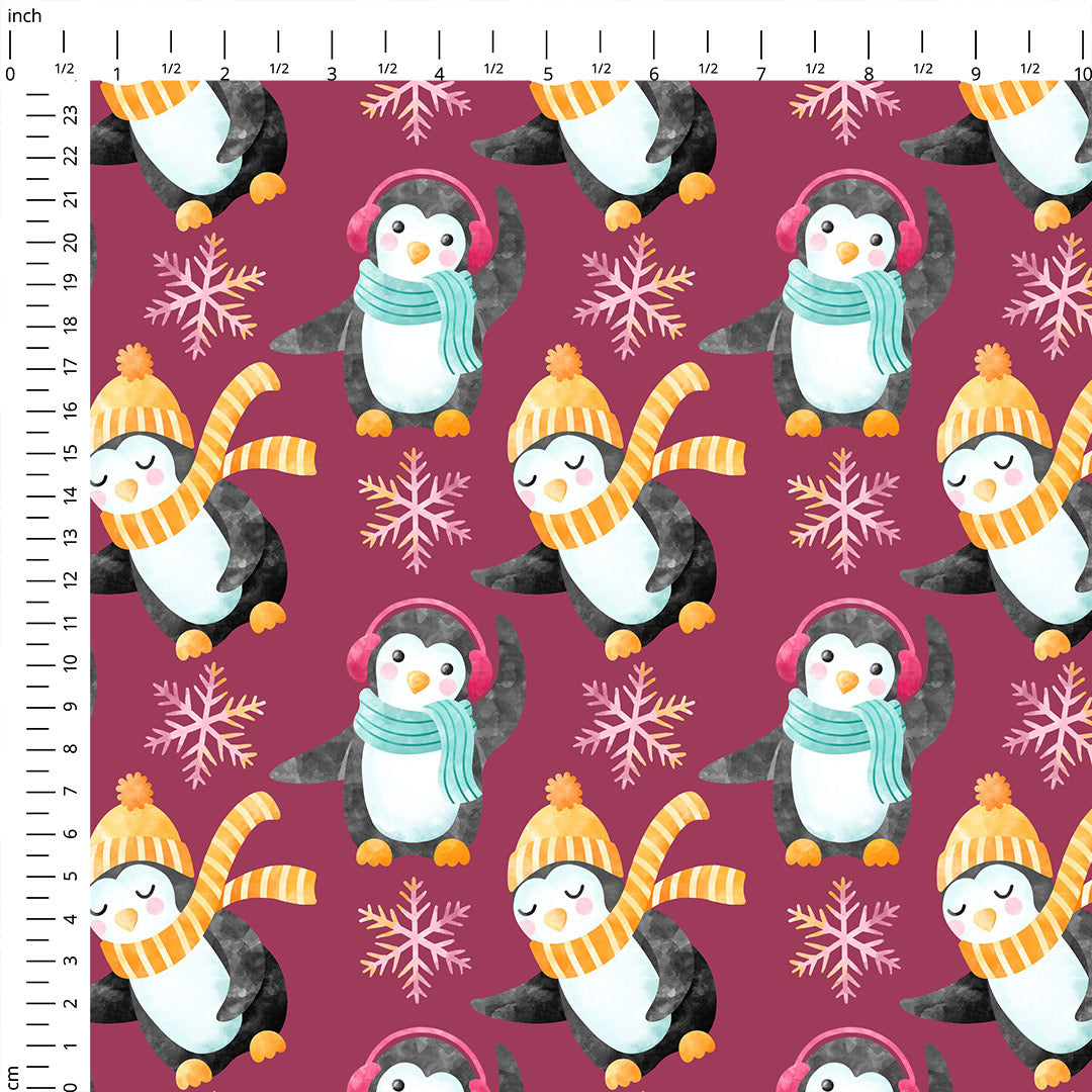 Penguins Plum Fabric