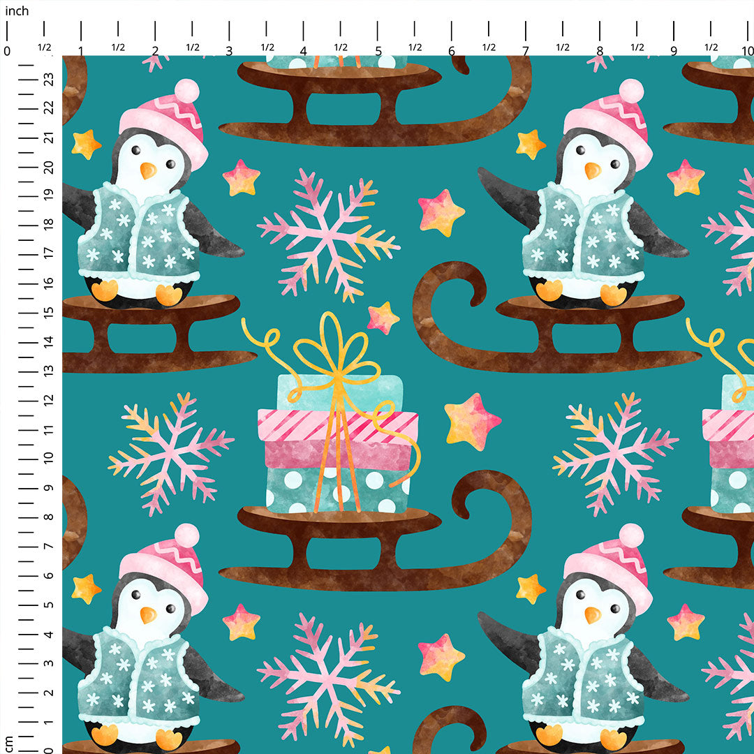 Penguins Teal Fabric