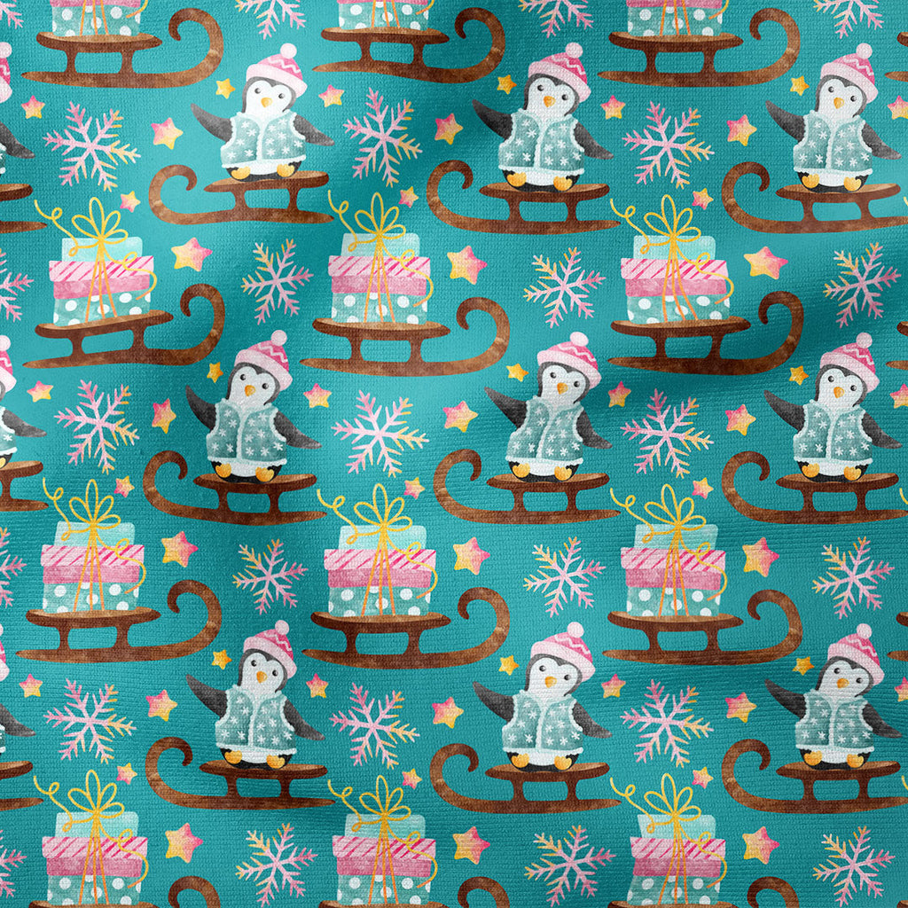 Penguins Teal Fabric