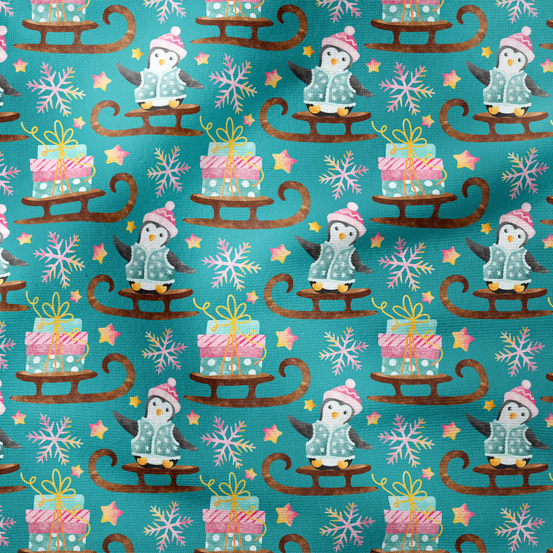 Penguins Teal Fabric